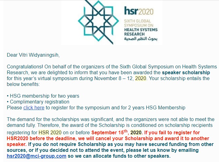 Dosen Fakultas Kedokteran UNS, Vitri Widyaningsih, mendapatkan award untuk menghadiri The Sixth Global Symposium on Health Systems Research