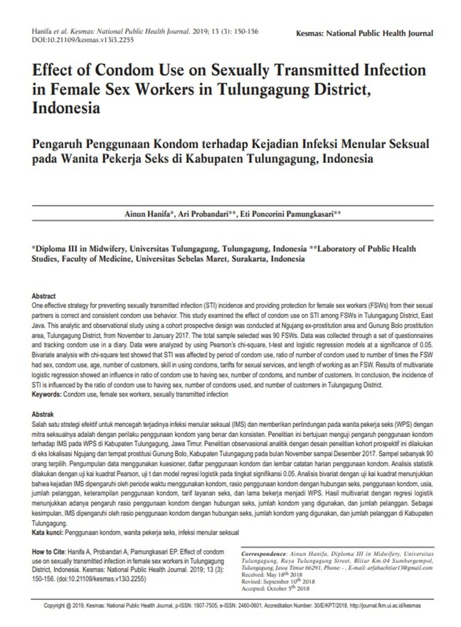 Effect of Condom Use on Sexually Transmitted Infection in Female Sex Workers In Tulungagung District, Indonesia