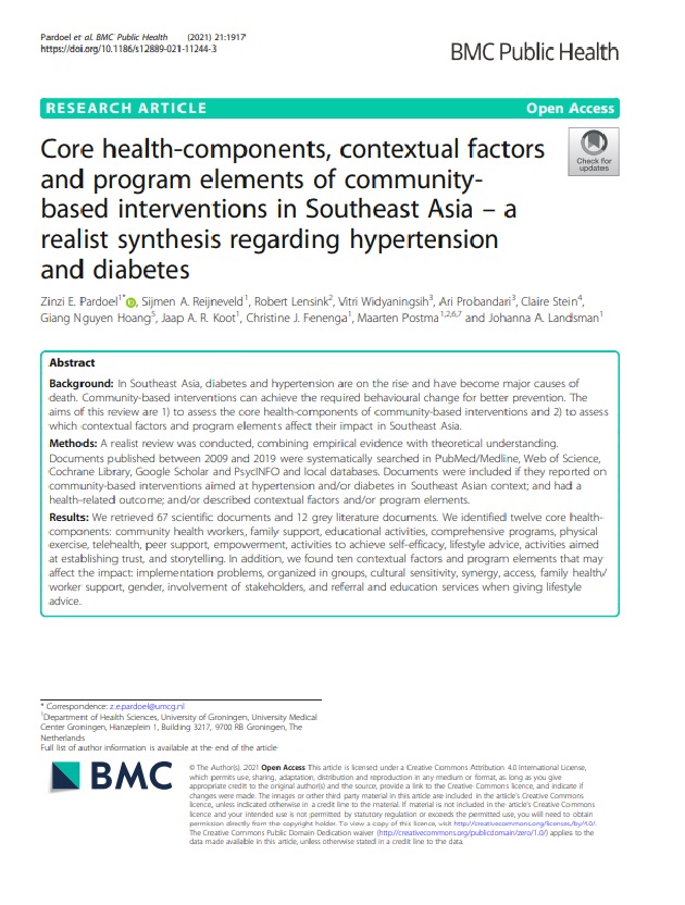 Core health-components, contextual factors and program elements of communitybased interventions in Southeast Asia – a realist synthesis regarding hypertension and diabetes