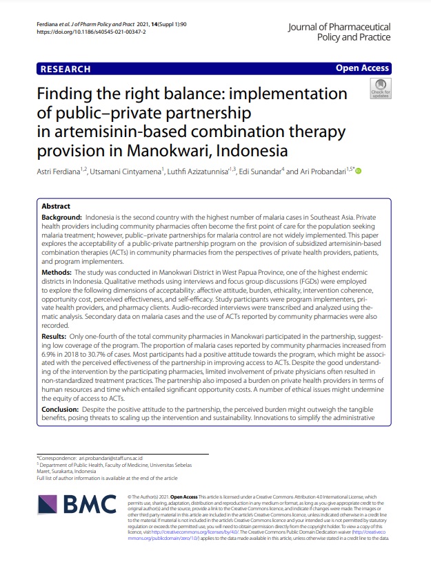Finding the right balance: implementation of public–private partnership in artemisinin-based combination therapy provision in Manokwari, Indonesia