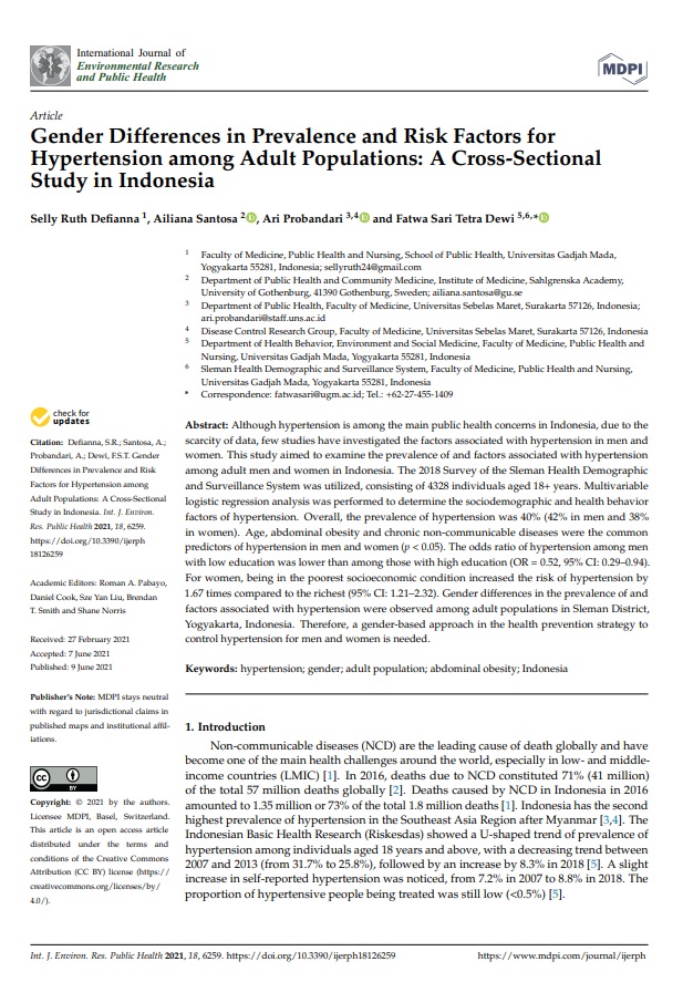 Gender Differences in Prevalence and Risk Factors for Hypertension among Adult Populations: A Cross-Sectional Study in Indonesia