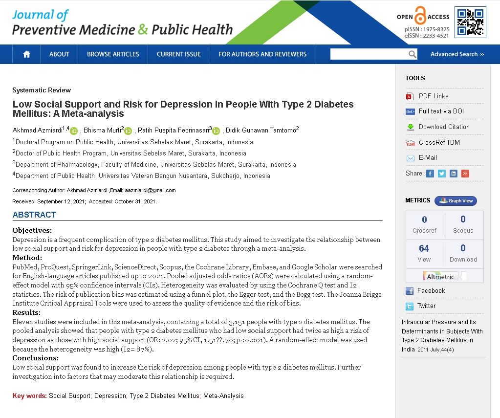 Low Social Support and Risk for Depression in People With Type 2 Diabetes Mellitus: A Meta-analysis