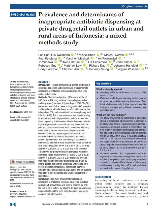Prevalence and determinants of inappropriate antibiotic dispensing at private drug retail outlets in urban and rural areas of Indonesia: a mixed methods study
