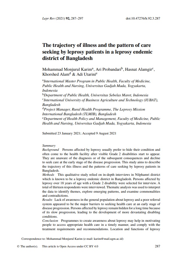 The trajectory of illness and the pattern of care seeking by leprosy patients in a leprosy endemic district of Bangladesh