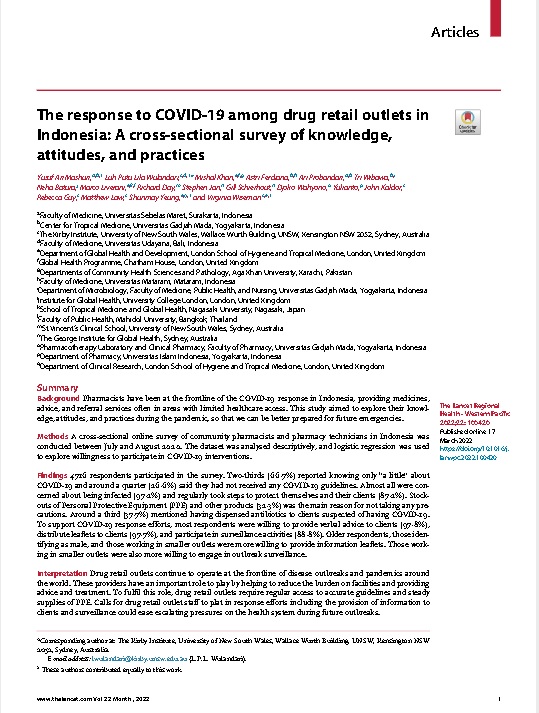 The response to COVID-19 among drug retail outlets in Indonesia: A cross-sectional survey of knowledge,attitudes, and practices