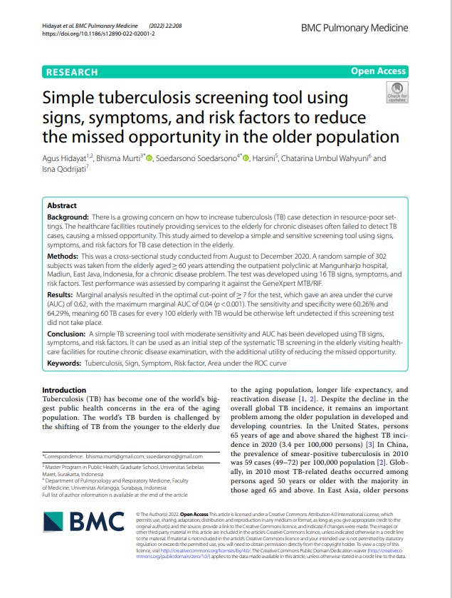 Simple tuberculosis screening tool using signs, symptoms, and risk factors to reduce the missed opportunity in the older population