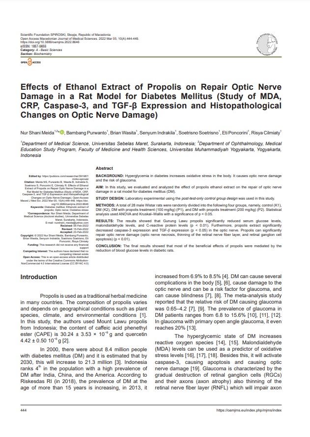 Effects of Ethanol Extract of Propolis on Repair Optic Nerve Damage in a Rat Model for Diabetes Mellitus (Study of MDA, CRP, Caspase-3, and TGF-β Expression and Histopathological Changes on Optic Nerve Damage)