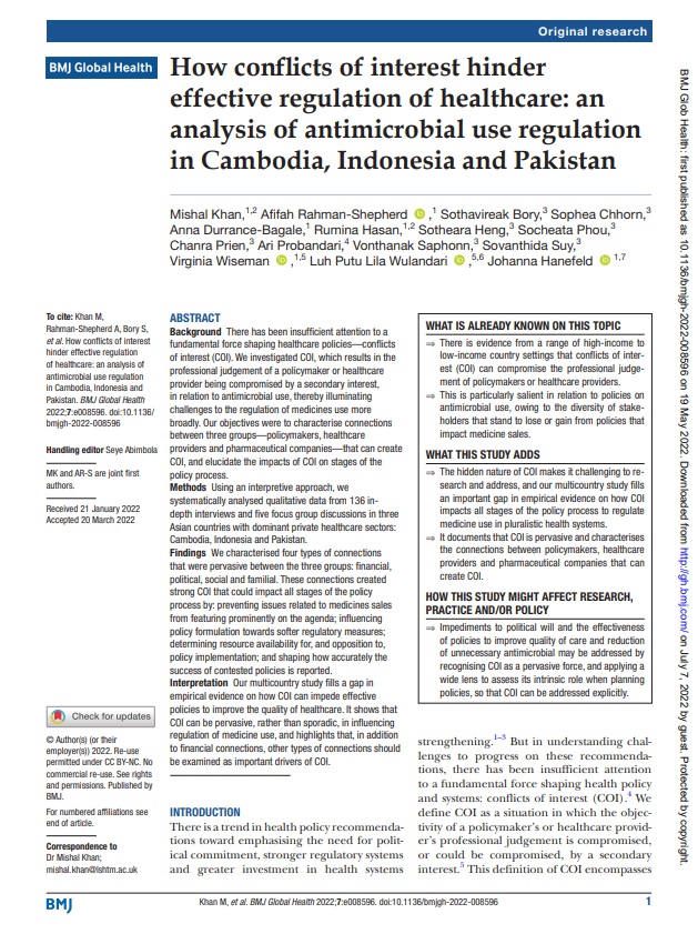 How conflicts of interest hinder effective regulation of healthcare: an analysis of antimicrobial use regulation in Cambodia, Indonesia and Pakistan