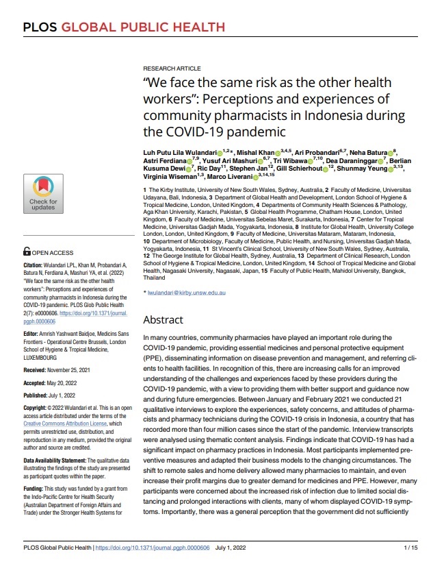 “We face the same risk as the other health workers”: Perceptions and experiences of community pharmacists in Indonesia during the COVID-19 pandemic