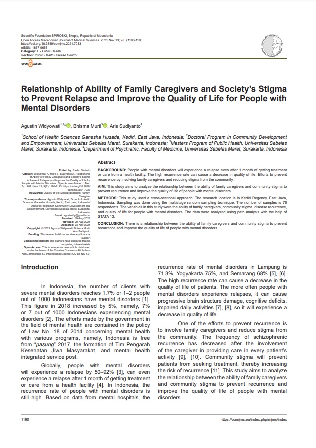 Relationship of Ability of Family Caregivers and Society’s Stigma<br>to Prevent Relapse and Improve the Quality of Life for People with<br>Mental Disorders