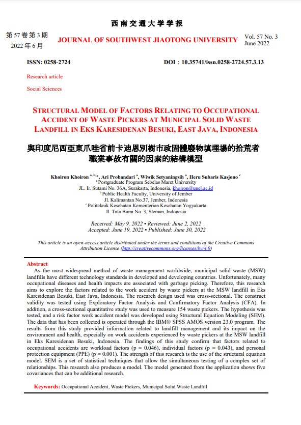 STRUCTURAL MODEL OF FACTORS RELATING TO OCCUPATIONAL ACCIDENT OF WASTE PICKERS AT MUNICIPAL SOLID WASTE LANDFILL IN EKS KARESIDENAN BESUKI, EAST JAVA, INDONESIA