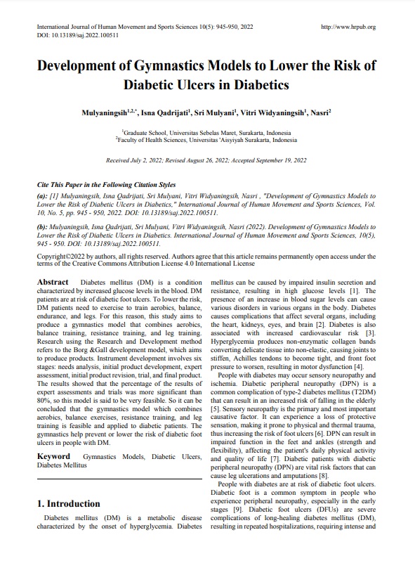 Development of Gymnastics Models to Lower the Risk of Diabetic Ulcers in Diabetics